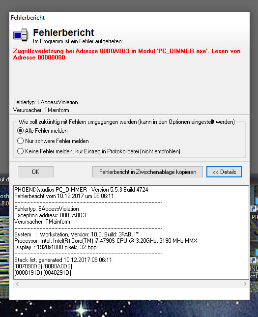 Der Erste Fehler beim Start vom PC-Dimmer